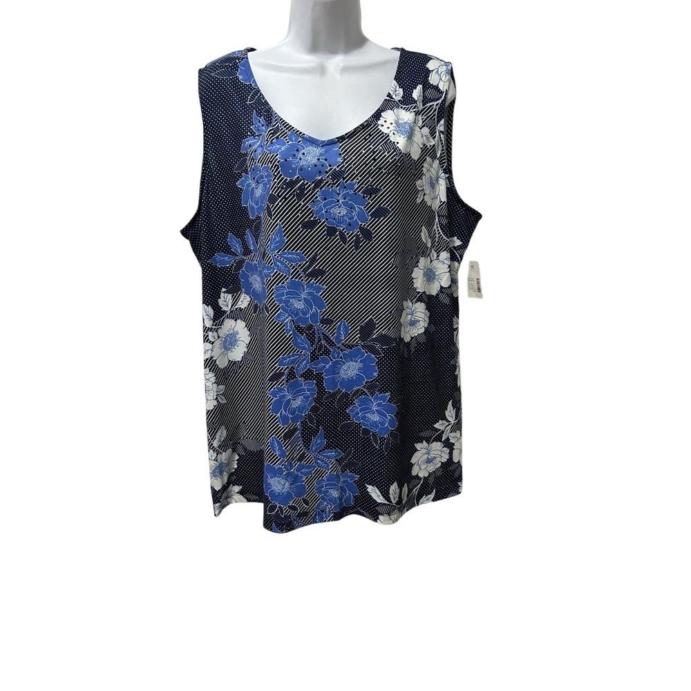 Catherines Womens 1X Blue Floral Stripe Dot Sleeveless V Neck Tank Top Shirt - Picture 2 of 7